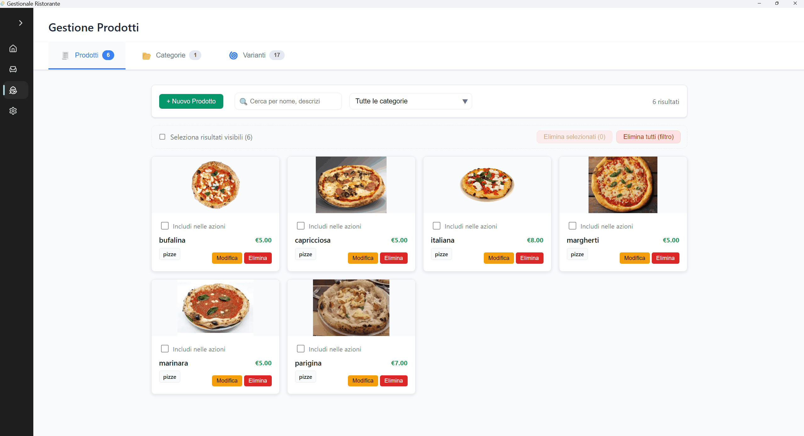 Gestione menu RosySystem